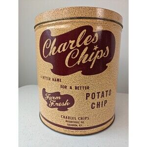 Vintage Charles Chips Potato Chip 1 LB Tin Can With Lid And Dual Location Text